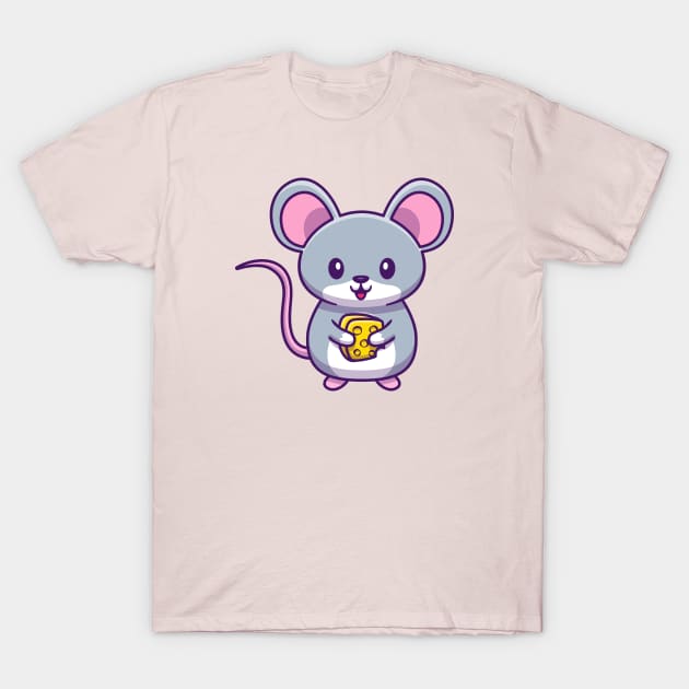 Cute Mouse Holding Cheese Cartoon T-Shirt by Catalyst Labs